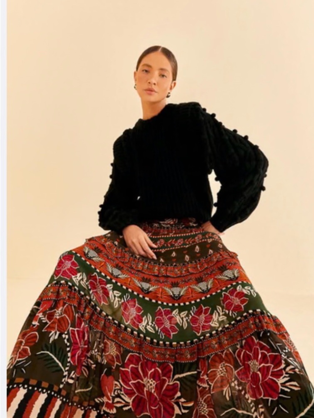 NWT FARM Rio Ainika Floral Garden Maxi Skirt Tiered Maxi Skirt in Olive and Rust - Picture 3 of 12
